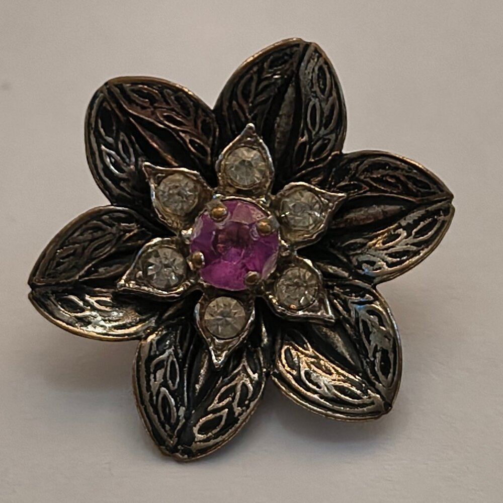 Vintage Silver & Black Flower With Purple Center Surrounded Crystal Rhinestone